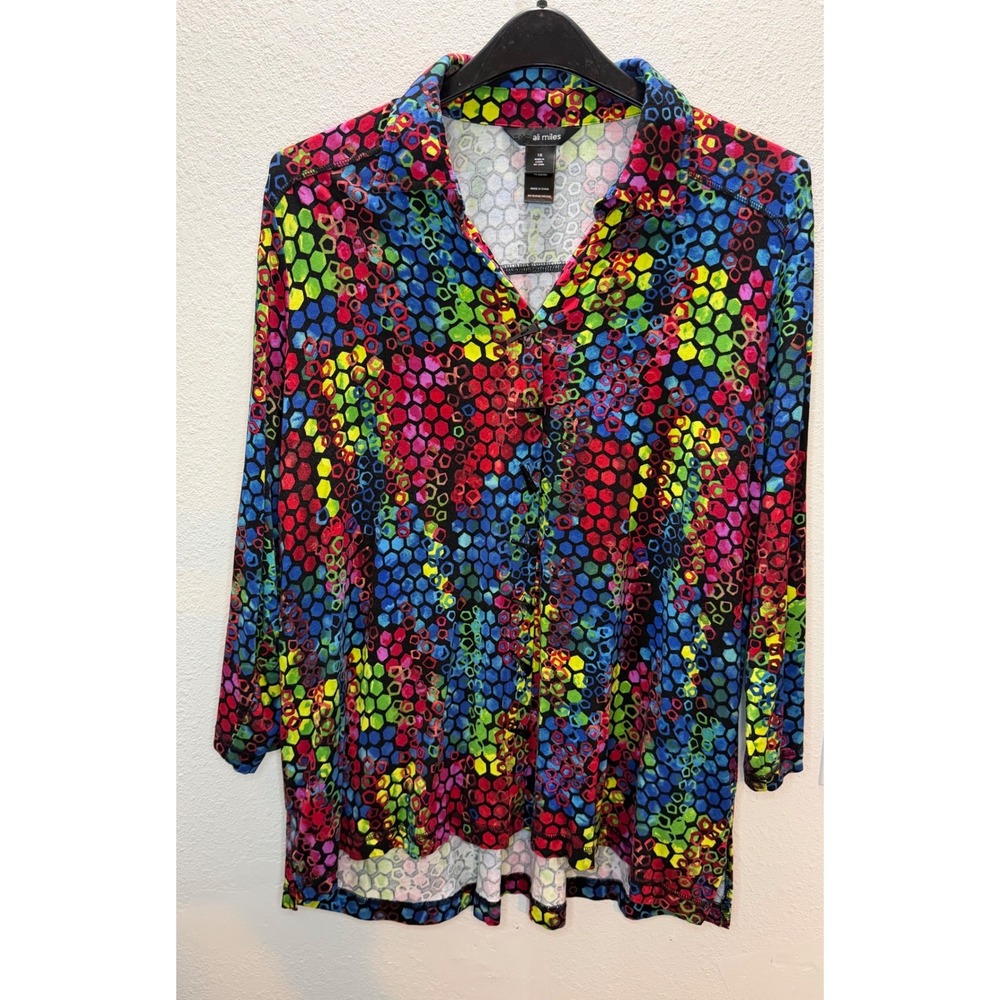 Ali Miles Blouse Womens 1X Multicolor Toggle Honeycomb Art to Wear Top Lagenlook